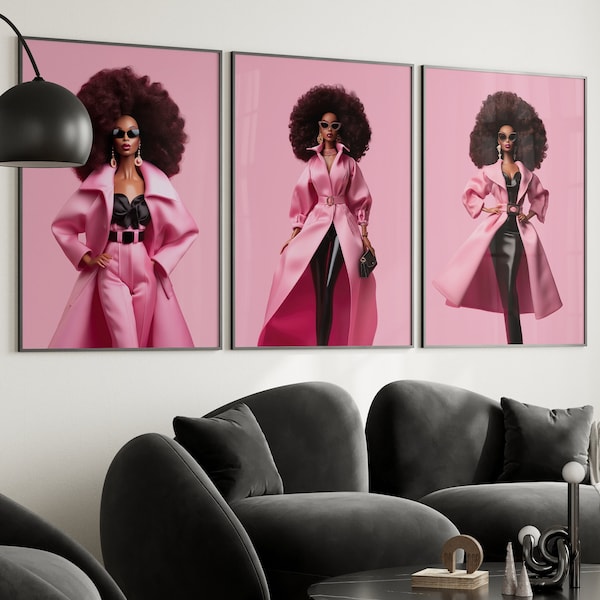 Afro Doll Art Print, Retro Barb Poster, Black Afro Girl Poster, y2k Dorm Room College Decor, Pink Print Preppy Room Decor, Gift For Daughter