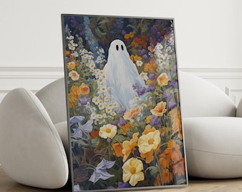 Halloween Vintage Geist, der im Feld mit Blumen steht Kunstdruck, Vintage Halloween, Vintage Spukhaus Kunst, Halloween-Wand-Dekor-Druck