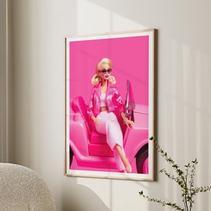 Art mural de poupée rétro, décoration de chambre rose, affiche murale cool, impression de salon, impression rose vif, affiche moderne rétro funky, déco barbillons funky, cadeau