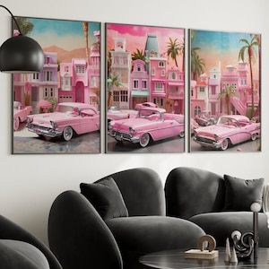 Art mural rétro, impression de ville de poupée, décoration de chambre rose, affiche de poupée vintage, décoration de chambre esthétique, affiche du monde de poupées en plastique, art mural éclectique avec barbes