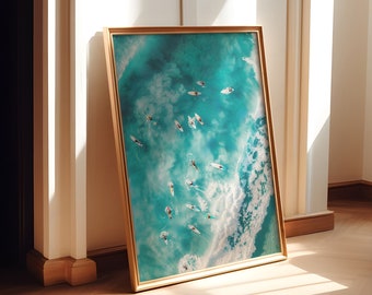 Aerial Surfers Wall Art, Surfers Print, Aerial Beach Prints, Aerial Ocean Wall Decor, Wave Print, Coastal Wall Art, Boho Beach Digital Print