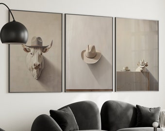 Western Wall Art Printable, Cowboy Hat Poster, Highland Cow, Minimalist Neutral Country Western Prints, Rustic Southwestern Digital Download