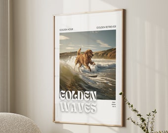 Póster de perro Golden Retriever surfeando, retrato de mascota, lámina de surf, decoración costera, ¡A surfear!, arte mural náutico de moda, lámina de póster retro de moda
