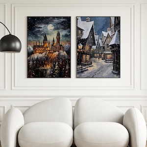 Cartaz de aquarela do mundo mágico, cartaz de Hogsmeade e castelo, escola para bruxas e bruxos, decoração da academia escura, download digital do castelo