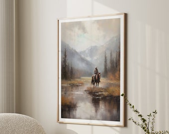 Western Cowboy Painting, Vintage Wall Art, Antique Oil Painting, Moody Western Decor, Rustic Cowboy Print, Mid Century Art for Living Room