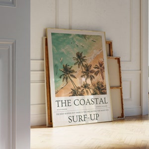 Stampa di giornale costiero, arte di spiaggia costiera, rivista di surf retrò, poster di cowgirl costiera blu, poster di surf up, stampa artistica di morbidezza costiera