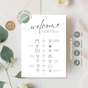 Hochzeits-Timeline, Hochzeitsanweisungs-Vorlage, kleines druckbares Hochzeitstag-Timeline-Schild-Symbol, einfache Einlage, bearbeitbarer Download