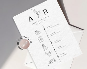 Modern Wedding Timeline Template with Icons, Printable Order of Day Card, Welcome Bag Note