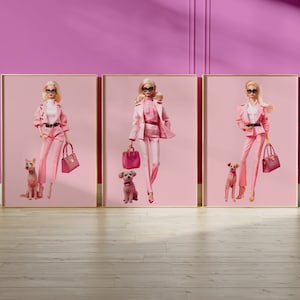 Impresión retro de perro y muñeca, póster de Barb, arte de pared retro de muñeca, impresión rosa preppy, decoración de habitación con estampado de moda, póster de muñeca y perro, póster de moda