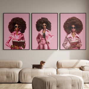 Afro Retro Doll Art Print, Vintage Black Doll Poster, Y2K Hot Pink Wall Decor, Preppy Girl Room Art, Printable Fashion Wall Set Print