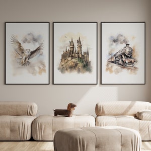 Pósteres de magos: arte de pared con tren y castillo de búhos, impresiones decorativas para guarderías de magos, póster de castillo mágico de magos, impresión imprimible de guarderías mágicas neutrales