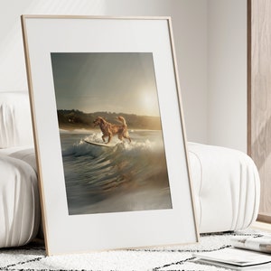Surf Dog kunst aan de muur, blauwe Coastal Surf Up poster, chique fotografie definitie print, Ocean Art Print, esthetische slaapzaal decor, surfer cadeau