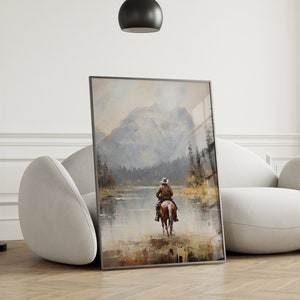 Arte murale rustica vintage raffigurante un cowboy, dipinto a olio antico del sud-ovest, cavaliere a cavallo nel lago, arte di campagna, arte western, stampabile e scaricabile digitalmente