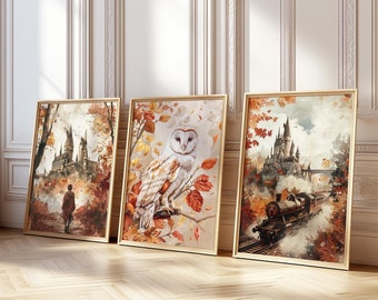 Magical Castle Art Print Set, Owl Train Fantasy Nursery Decor, Neutral Kids Room Art