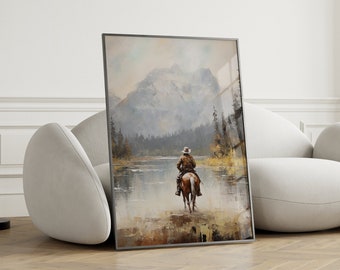 Vintage Rustic Cowboy Wall Art, Antique Southwest Oil Painting, Horse Rider in Lake, Countryside Art, Western Art Printable Digital Download
