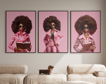 Afro Retro Doll Art Print, Vintage Black Doll Poster, Y2K Hot Pink Wall Decor, Preppy Girl Room Art, Printable Fashion Wall Set Print