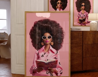 Afro Doll Wall Art Print, Retro Pink Girl Poster, Y2K Aesthetic Pop Art, Vintage Doll Print, Preppy Room Decor, Modern Pink Wall Art