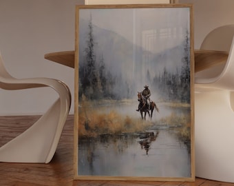Rustic Horse Rider Oil Painting, Vintage Western Cowboy Art, Southwest Room Decor, Countryside Print, Printable Digital Download, Landscape