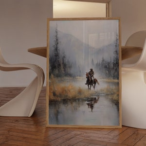 Dipinto a olio di cavaliere rustico, arte vintage da cowboy western, arredamento per la stanza in stile sud-ovest, stampa di campagna, download digitale stampabile, paesaggio