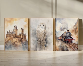 Wizard Nursery Wall Art, Owl, Castle Train Art, Fantasy Nursery Print, Magical Baby Room Decor, Whimsical Kids Room Art, New Baby Gift Print