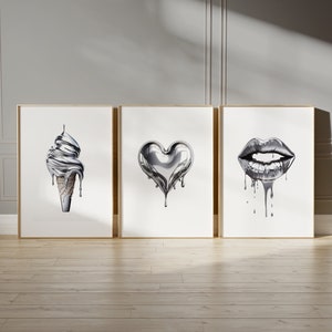 Póster maximalista, arte de pared con corazón derretido en cromo, arte de pared con labios besándose, arte de pared ecléctico moderno, descarga instantánea, arte imprimible de moda, regalo