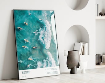 Surf Wall Art, Blue Coastal Surf Up Poster, Aerial Surfers Wall Art, Ocean Art Print, Aesthetic Dorm Room Decor, Surfer Gift Printable Art