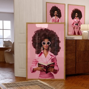 Impression de mode fille noire, art mural poupée afro, impression rétro rose, esthétique de l'an 2000, décoration de chambre tendance, art fille noire, art mural de chambre BCBG