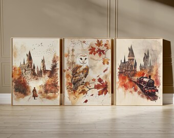 Wizard Printable Art Set, Magical Castle Owl Train Prints, Fantasy Room Decor, Wizard Digital Poster, Enchanted Wall Art Download