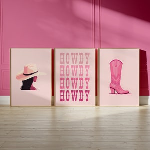 Decorazione murale con cowgirl rosa, stampe retrò con cowgirl, set da 3 per pareti preppy, decorazione murale western femminile, stampe alla moda, decorazioni con stampe costiere con cowgirl