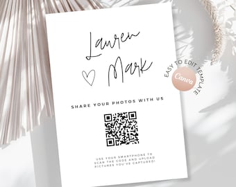 Cartel con código QR para fotos de boda, tarjeta para álbum de fotos compartido, escanee para compartir imágenes (Canva)
