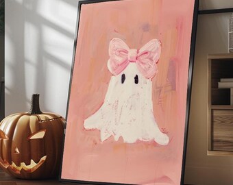 Spooky Pink Bow Ghost Wall Art, Halloween Ghost Painting, Dark Academia Decor (Printable)