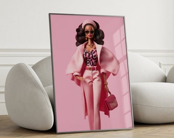 Retro Puppen Poster, Preppy Pink Druck, Vintage Puppenkunst, Y2K Fashion Room Decor, Girly Wandkunst, moderne Pop Art, schwarze Puppe Fashion Print
