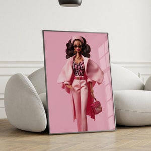 Affiche de poupée rétro, impression preppy roses, art de poupée vintage, décoration de chambre mode de l'an 2000, art mural girly, Pop Art moderne, impression de mode poupée noire