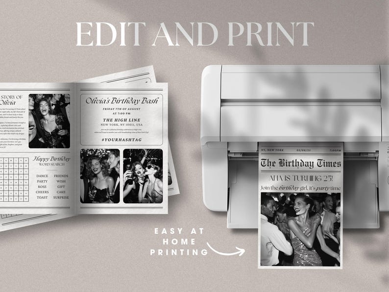May include: A black and white printable birthday party invitation with a newspaper design. The invitation features the text "Olivia's Birthday Bash", "The High Line", "New York, NY", and "#YOURHASHTAG".