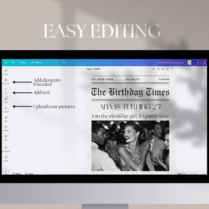 May include: A computer screen displaying a digital newspaper template with the text "The Birthday Times" and the headline "NHAIS TURNING 25!"  The template is designed to be customized with photos and text.  The screen shows instructions for adding elements, text, and uploading pictures.