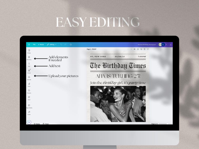 May include: A computer screen displaying a digital newspaper template with the text "The Birthday Times" and the headline "NHAIS TURNING 25!"  The template is designed to be customized with photos and text.  The screen shows instructions for adding elements, text, and uploading pictures.