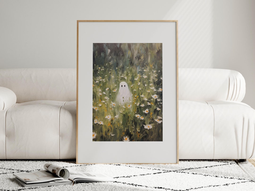 Flower Ghost Print, Dark Romantic Poster, Cute Ghost on Flower Meadow ...