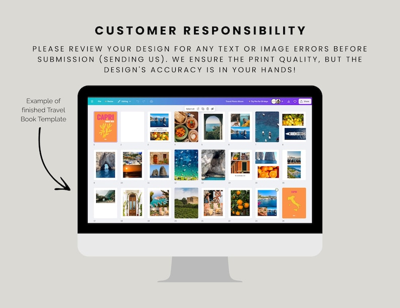 May include: A computer screen displaying a travel book template with images of Capri, Italy. The template is divided into a grid of 20 squares, each containing a different image. The images are all related to Capri, including the iconic Faraglioni rocks, the Blue Grotto, and the town of Capri itself. The text "CAPRI" is displayed in a pink and orange font on the cover of the book.