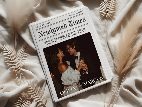 Wedding Newspaper Program Template, DIY Newlywed Times Custom Newspaper (Editable Canva PDF)
