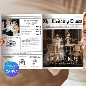 Pode incluir: Um anúncio de casamento em preto e branco no estilo de um jornal. O título principal é "The Wedding Times" e apresenta uma foto de um casal sentado a uma mesa de café. O anúncio inclui os nomes "Bella e John" e o texto "Are Getting Married".
