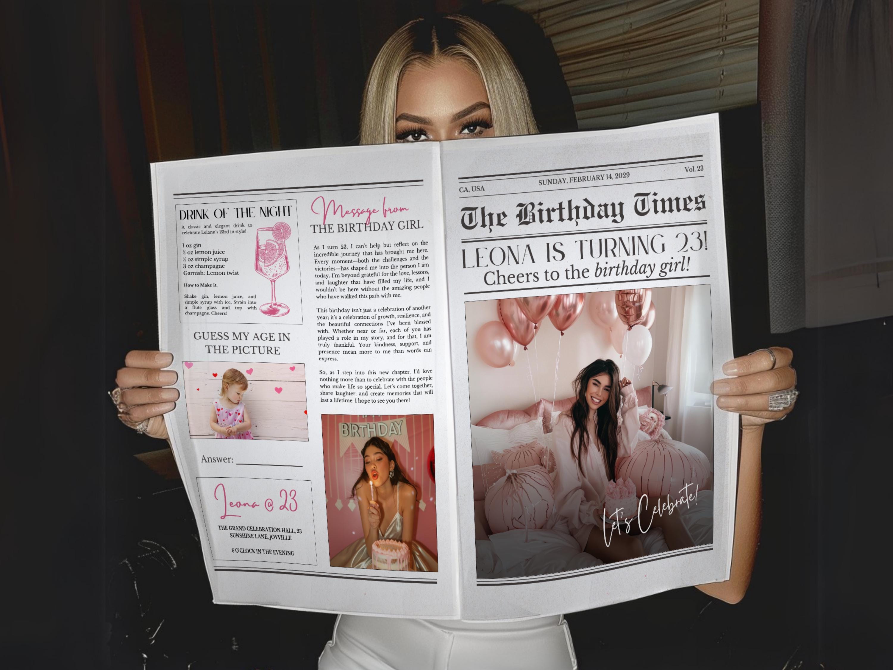 Birthday Newspaper Template, Custom Newspaper Large, The Birthday Times Newspaper Canva Template, Photoshoot Birthday Party Invite Newspaper