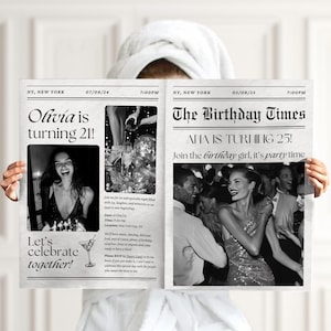 May include: A black and white newspaper-style birthday invitation with the headline "The Birthday Times". The invitation features a photo of a group of people dancing and the text "AHA IS TURNING 25! Join the birthday girl, it's party time".