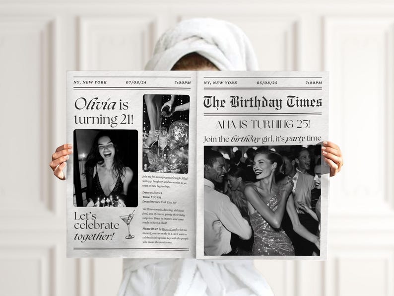 May include: A black and white newspaper-style birthday invitation with the headline "The Birthday Times". The invitation features a photo of a group of people dancing and the text "AHA IS TURNING 25! Join the birthday girl, it's party time".