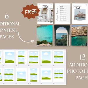 May include: A digital planner template with 6 additional content pages and 12 photo fill-in pages. The template features a blue and green color scheme with a landscape design. The text "FREE" is displayed in a red circle.