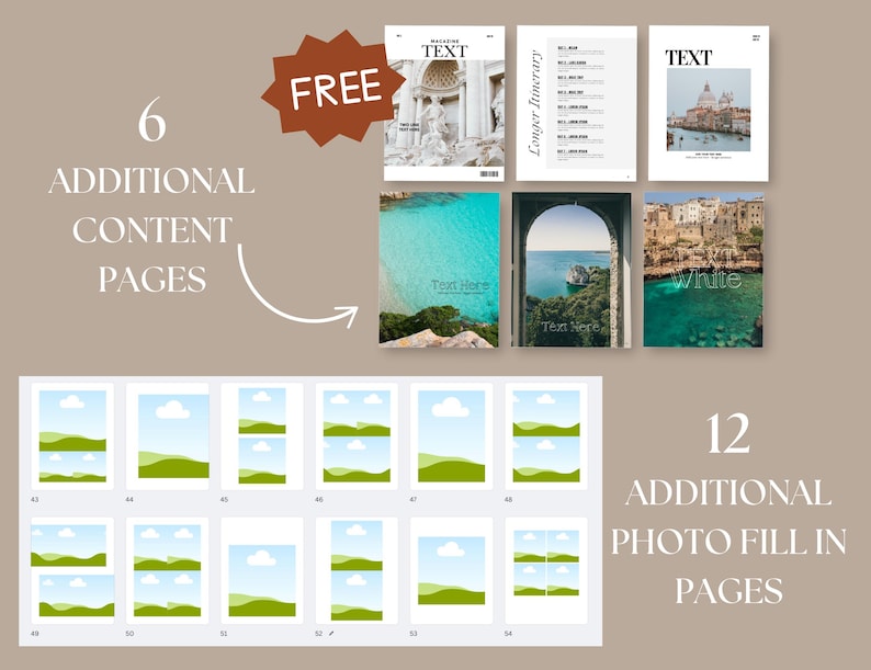May include: A digital planner template with 6 additional content pages and 12 photo fill-in pages. The template features a blue and green color scheme with a landscape design. The text "FREE" is displayed in a red circle.