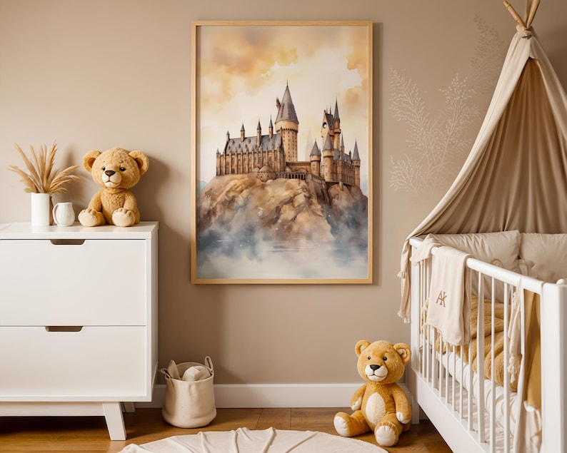 Neutral Wizard Nursery Decor, Nursery Wall Art, Boho Nursery Wall, Wizard Poster Print, Owl Print, Train Wall Art, New Baby Gift Print