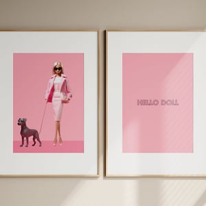 Impresión de pared de perro muñeca retro, impresión rosa preppy, descarga digital de Hello Doll, arte de muñeca vintage, estética Y2K, decoración de habitación rosa, póster de muñeca