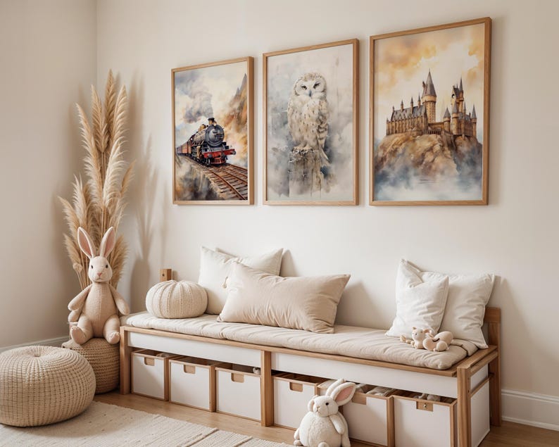 Neutral Wizard Nursery Decor, Nursery Wall Art, Boho Nursery Wall, Wizard Poster Print, Owl Print, Train Wall Art, New Baby Gift Print