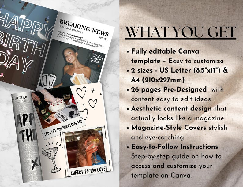 Editable Birthday Magazine, Vogue Custom Magazine Canva Template, Personalized Magazine Gift for Best Friend Sister, Magazine Personnalisé image 4
