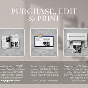 May include: A digital download template for a birthday newspaper. The template can be edited and printed at home or at a print shop. The image shows a computer screen with the template open in Canva, a printed copy of the template, and a printer.
